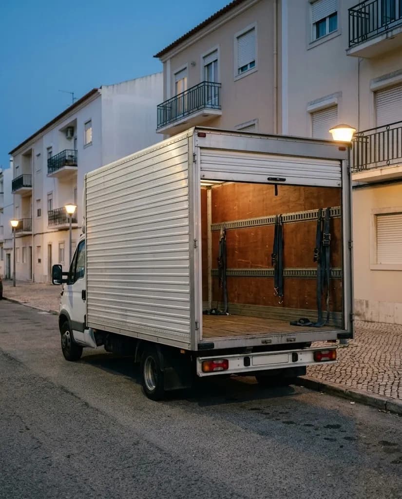 A white box truck parked on a quiet street at dusk, back doors open, straps hanging inside