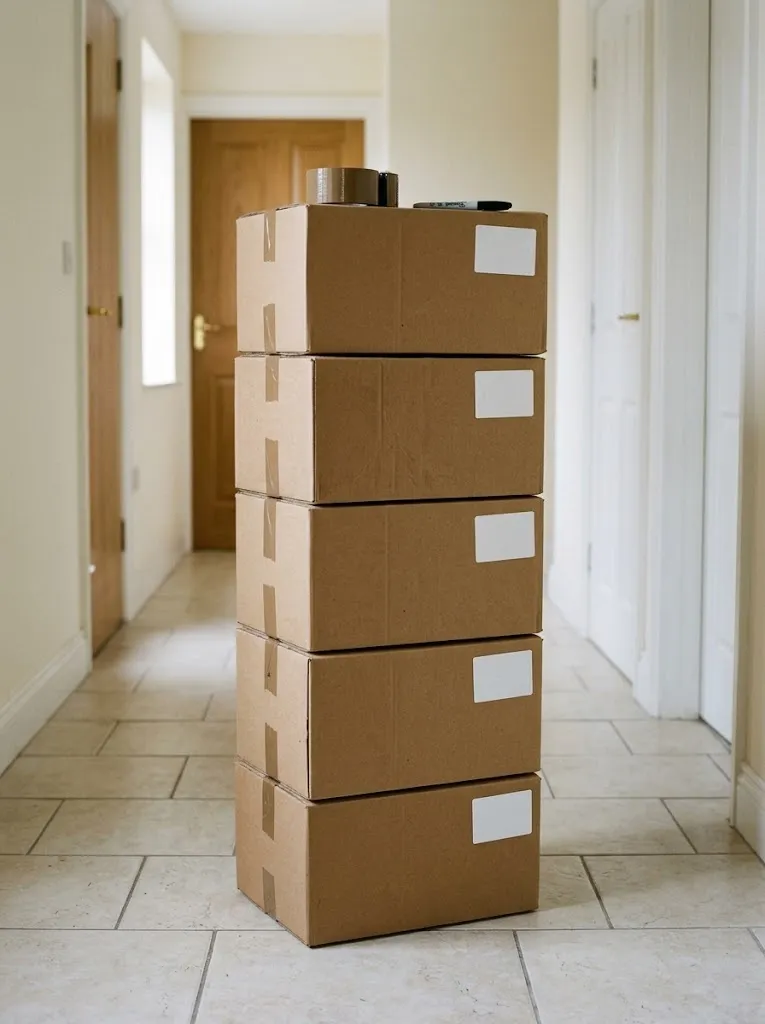 Stack of taped moving boxes with handwritten room labels
