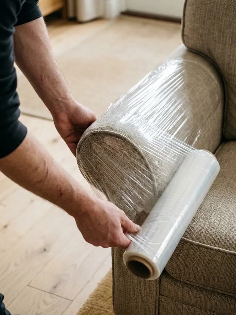 Stretch film being wound around an armchair