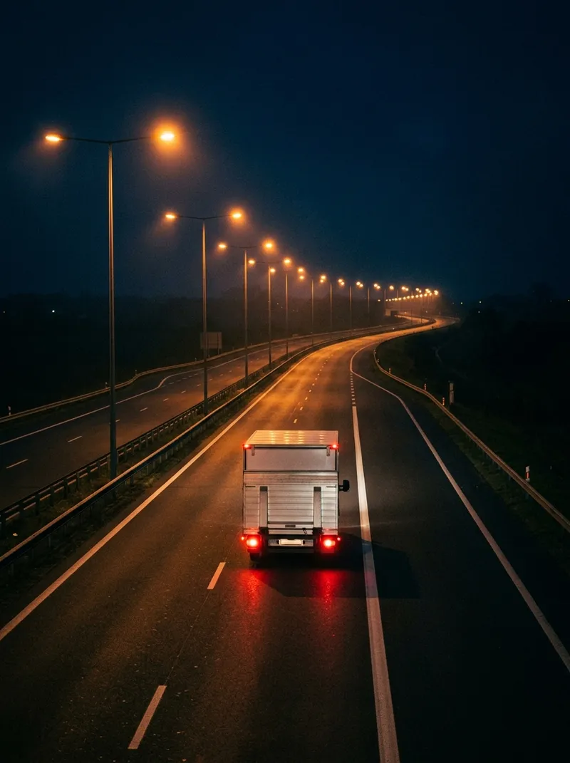 A box truck on a motorway at night, tail lights on