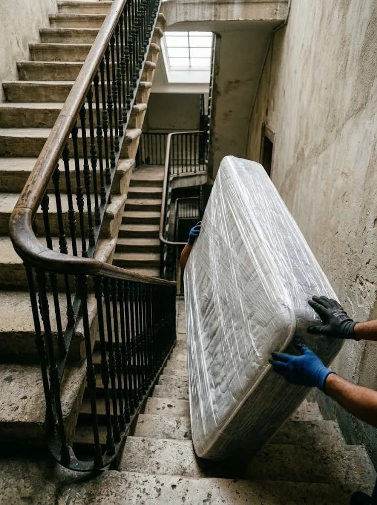 A wrapped mattress being carried down a stairwell, seen from above