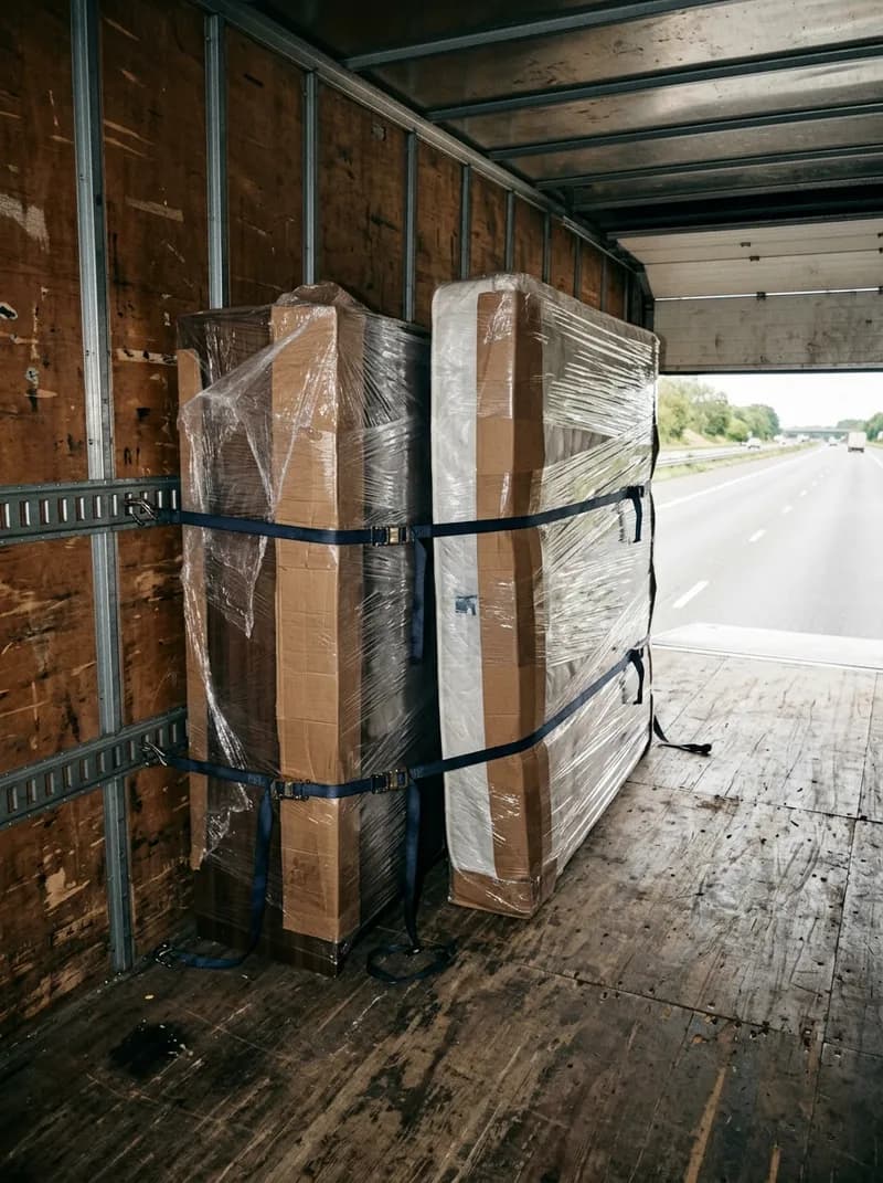 Wrapped furniture strapped to the rails inside a truck