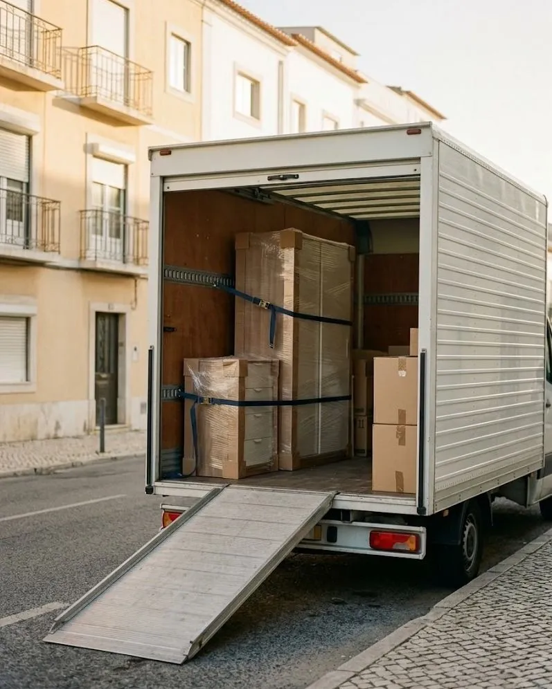 Box truck at the kerb with its back open, furniture wrapped in film and cardboard strapped inside