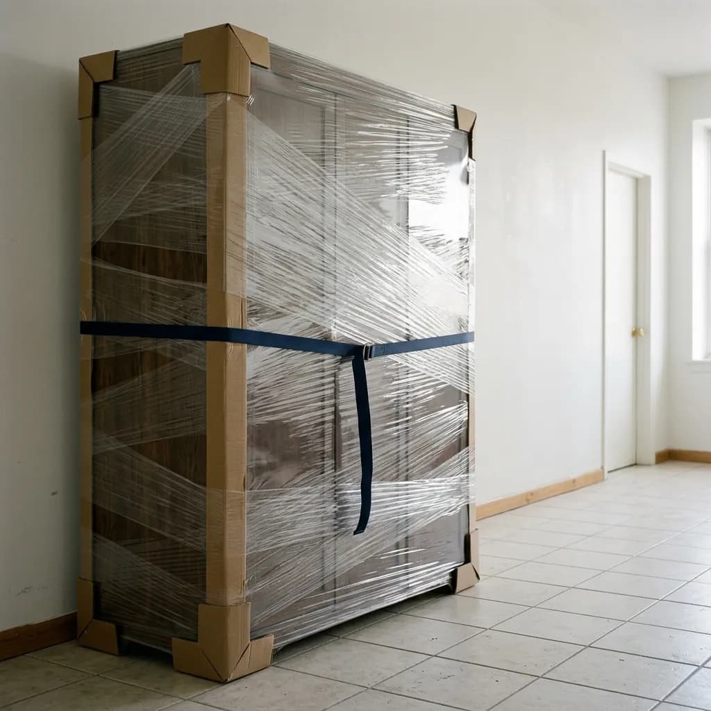 A wardrobe wrapped in stretch film and cardboard corners, ready to load