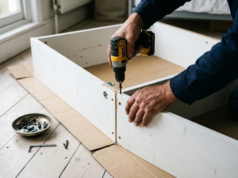 Hands with a screwdriver assembling a wardrobe frame, screws in a small tray