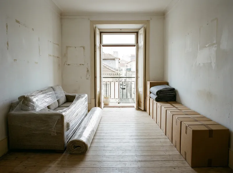 Wrapped sofa and boxes lined up in an empty living room before loading