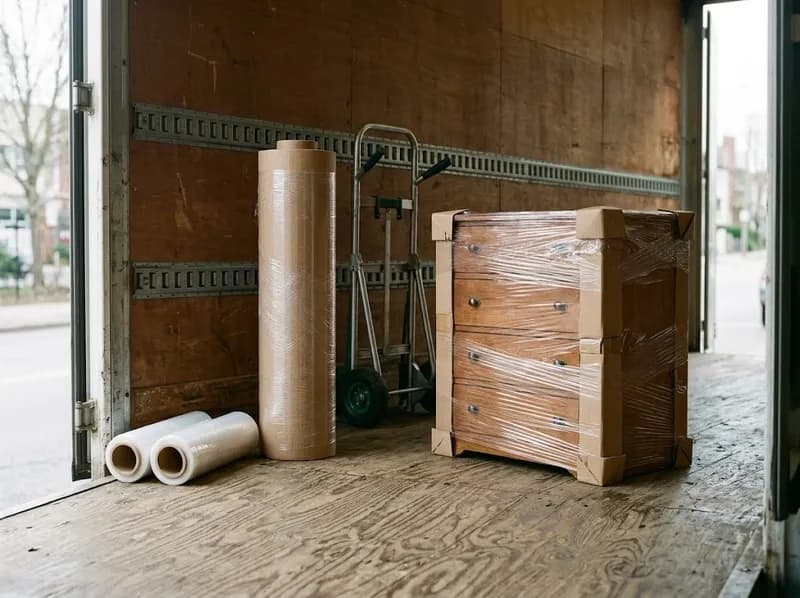 Rolls of stretch film and brown cardboard next to a wrapped chest of drawers