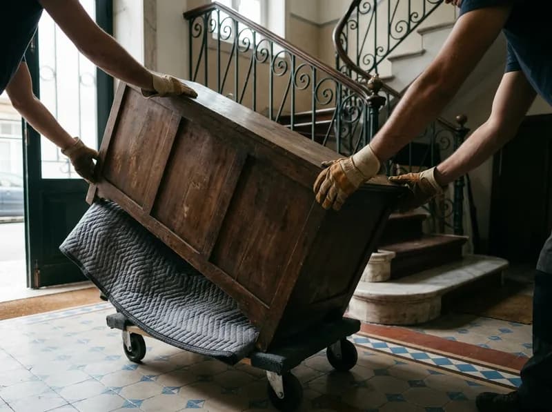 A wooden sideboard being lifted onto a moving dolly in a hallway