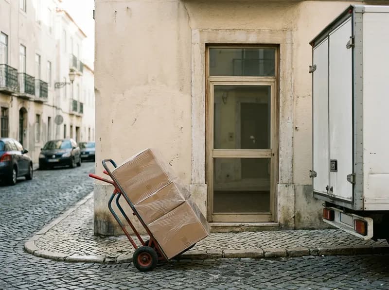 Hand truck with wrapped flat-pack boxes outside a small shop door