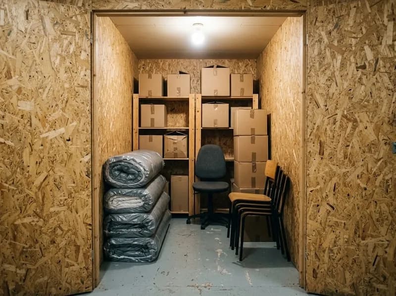 Storage box with wooden board walls holding wrapped chairs, mattresses and shelving